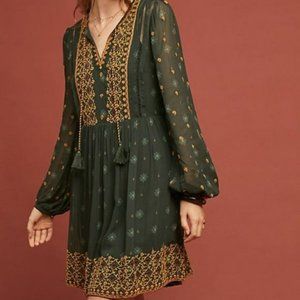 Anthropologie Dark Green and Gold Patterned Dress